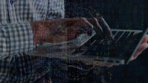 Animation of spinning globe and binary coding over mid section of a man using Stock Footage 325965581