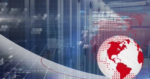 Animation of spinning globe and data processing over empty computer server room Stock Footage 328006921