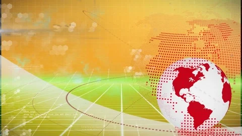 Animation of spinning globe and data processing over yellow grid network against Stock Footage 329288892