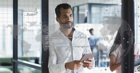 Animation of spinning globe and data processing over middle eastern man using Stock Footage 330594139