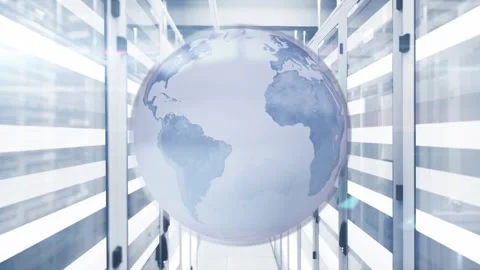 Animation of spinning globe and light trails against computer server room Stock Footage 327583148