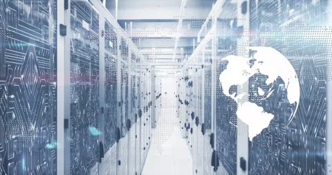 Animation of spinning globe and microprocessor connections against computer Vídeo Stock 241076167