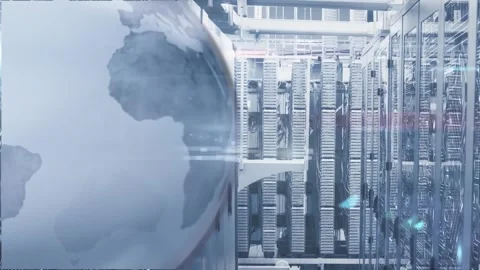 Animation of spinning globe and microprocessor connections against computer Vídeo Stock 252638876