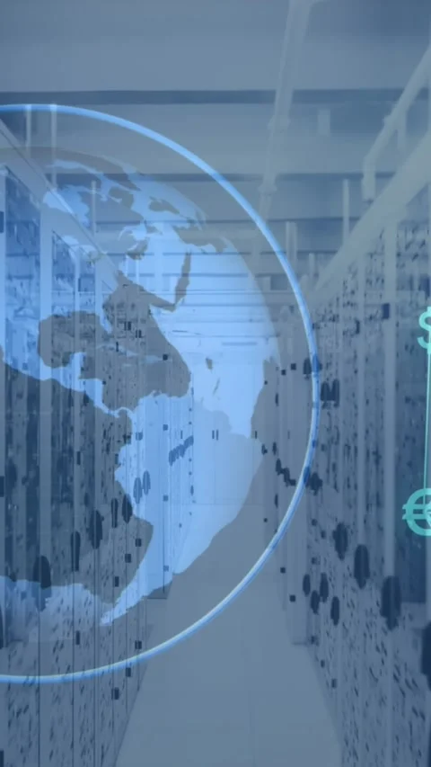 Animation of spinning globe and network of financial icons against computer Stock Footage 344803380