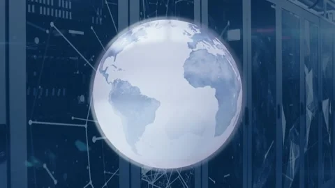 Animation of spinning globe and plexus networks against computer server room Stock Footage 326422336