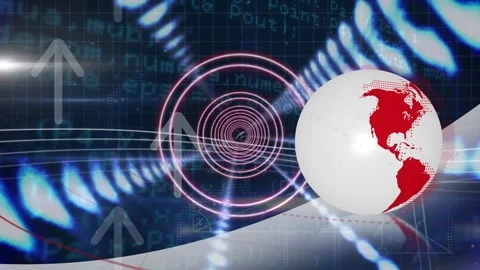 Animation of spinning globe and round tunnel in seamless pattern against data Stock Footage 328711653