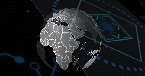 Animation of spinning globe and scope over round scanner and microprocessor Stock Footage 327646352
