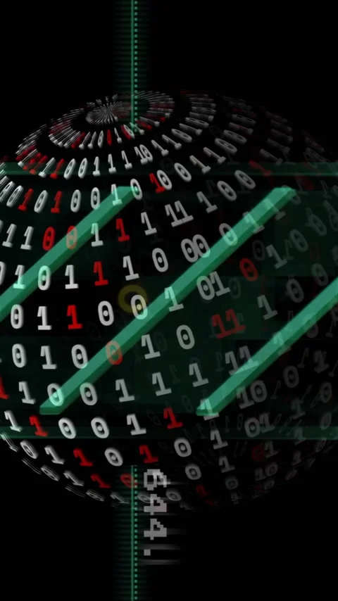 Animation of spinning globe and shapes over binary coding Video stock 343127492