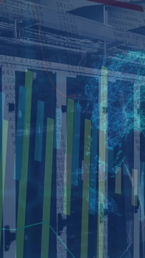 Animation of spinning globe and statistical data processing against computer Stock Footage 344635841