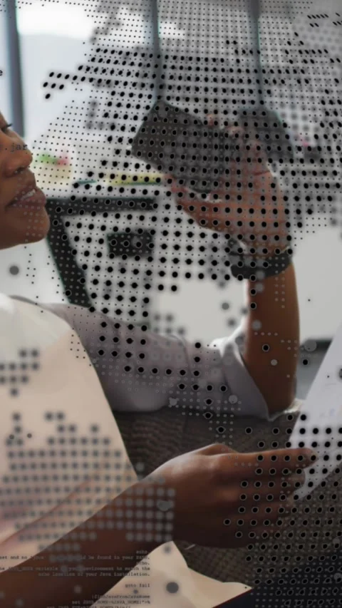 Animation of spinning globe, data processing on african american woman reading a Stock Footage 320854662