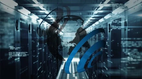 Animation of spinning globe, data processing and mosaic squares against computer Stock Footage 327450510