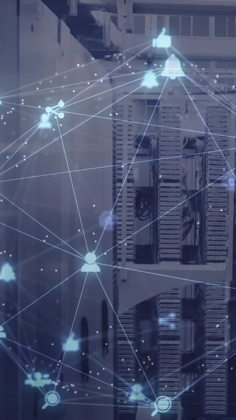 Animation of spinning globe of digital icons and light spot against computer Stock Footage 344803379