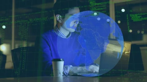 Animation of spinning globe icon and data processing over asian man using laptop Stock Footage 330662030