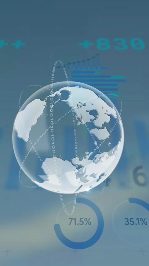 Animation of spinning globe icon and statistical data processing against blue Stock Footage 343920062