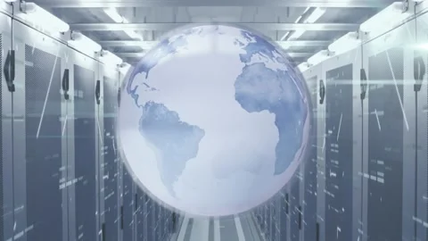 Animation of spinning globe, light trails and mosaic squares against computer Stockbeeldmateriaal 330591193