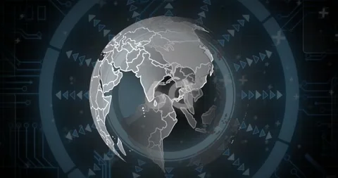 Animation of spinning globe over 6g text on round scanners and microprocessor Stockbeeldmateriaal 244986377