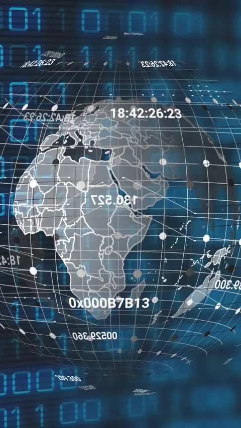 Animation of spinning globe over binary coding data processing against blue Vídeos de archivo 344636892