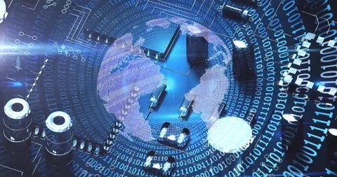 Animation of spinning globe over computing board and binary coding Video stock 309842200