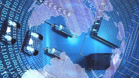 Animation of spinning globe over computing board and binary coding Video stock 312899673