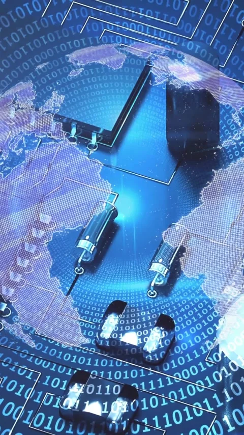 Animation of spinning globe over computing board and binary coding Video stock 320330459