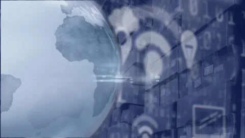 Animation of spinning globe over interface with data processing against stack of Stock Footage 328154979