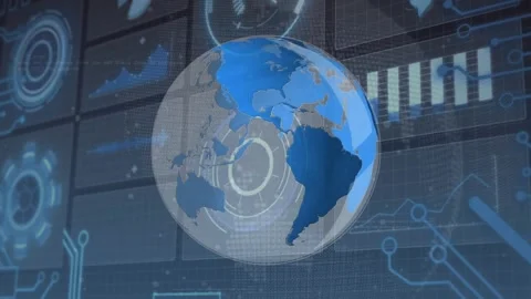 Animation of spinning globe over interface with data processing against Stock Footage 328836706