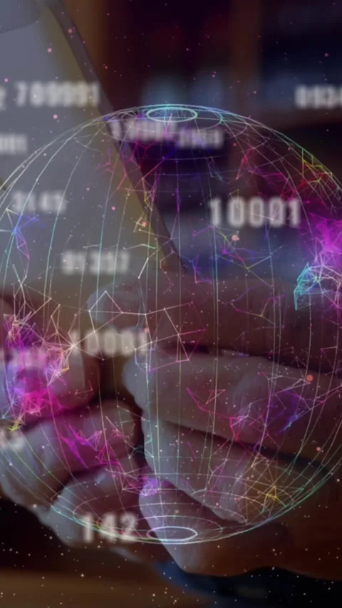 Animation of spinning globe over man using smartphone Stock Footage 342136335
