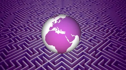 Animation of spinning globe over maze pattern on purple background Video stock 241709874
