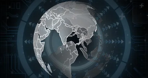 Animation of spinning globe over round scanner and microprocessor connections on Vídeo Stock 244986364