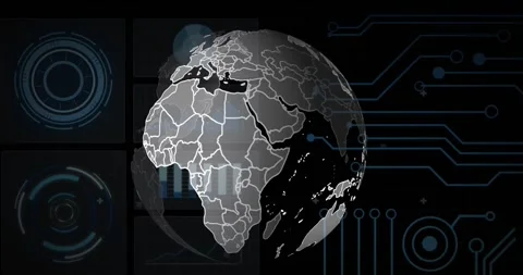 Animation of spinning globe over round scanners, microprocessor connections and Stockbeeldmateriaal 244987826