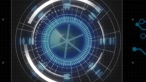 Animation of spinning round scanner and microprocessor connections against black Vidéo 312761693