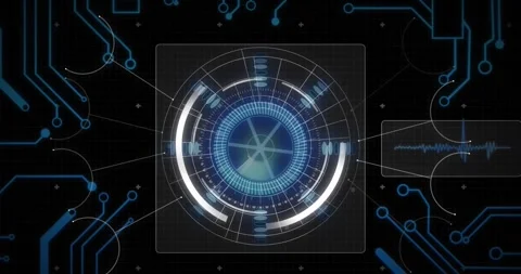 Animation of spinning round scanner and microprocessor connections against black Video stock 329414686