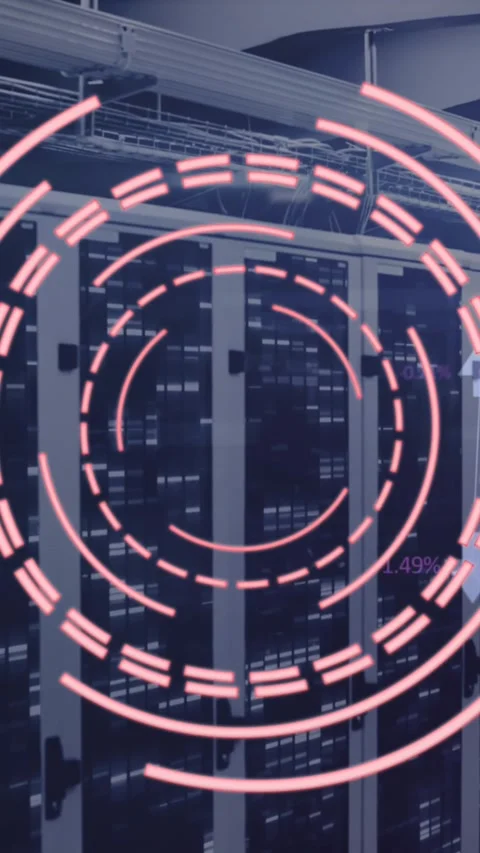 Animation of spinning round scanner and mosaic sqaures against computer server Stock Footage 344595105
