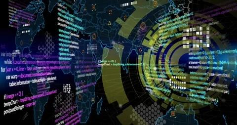 Animation of spinning round scanner, world map and data processing against black Stock Footage 329705883