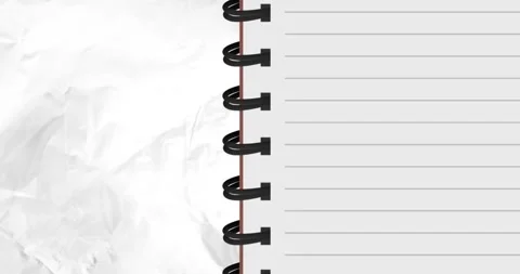 Animation of spiral bound lined notebook over scrunched white paper texture Stock Footage 203839098