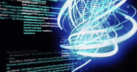 Animation of spiral pattern and multicolored computer language over black Stock Footage 250382030