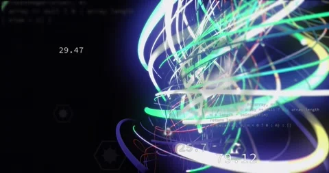 Animation of spiral pattern and multiple icons with computer language over black Stock Footage 250382033