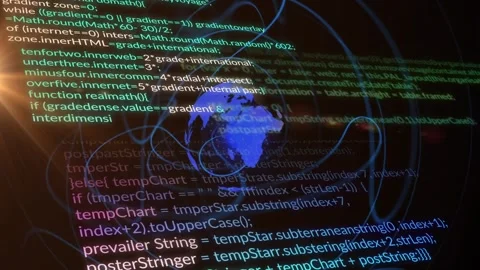 Animation of spiral pattern around globe over computer language and lens flares Stock Footage 247124373
