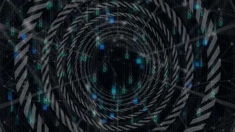 Animation of spiral pattern with binary code and geometric shapes in digital Stock Footage 305830137