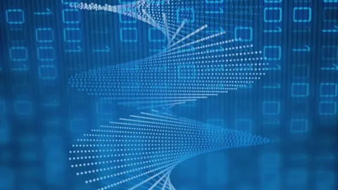 Animation of spiral pattern moving over illuminated blue binary codes Stock Footage 312797666