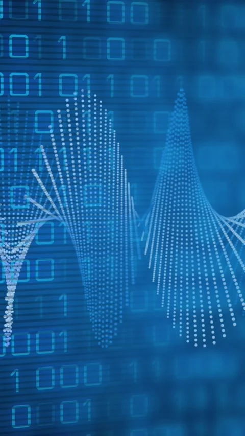 Animation of spiral pattern moving over illuminated blue binary codes Stock Footage 321625296