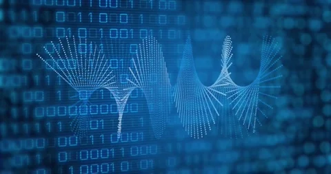 Animation of spiral pattern moving over illuminated blue binary codes Stock Footage 327898149