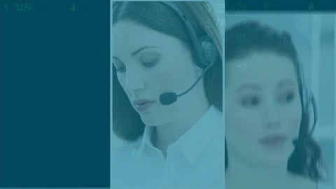 Animation of split screen of three multi-ethnic call centre workers wearing Stock Footage 129901141