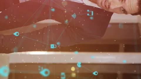Animation of spots and data processing over strong man exercising Stock Footage 312524428