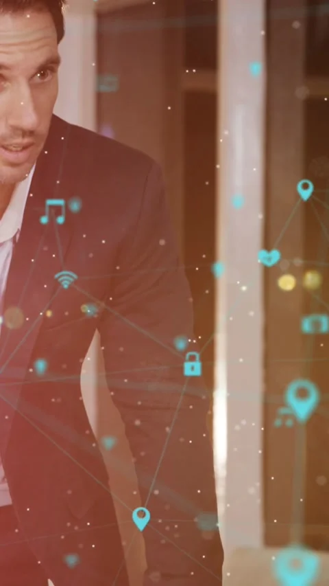 Animation of spots and data processing over strong man exercising Stock Footage 323152170