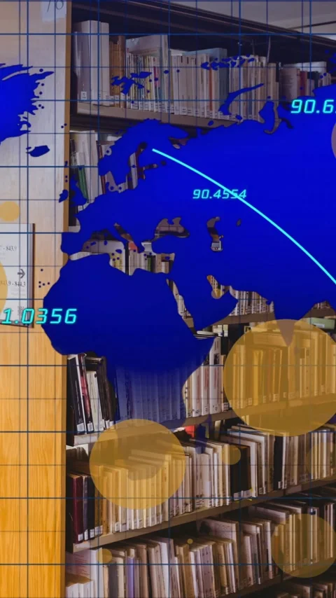 Animation of spots and data processing with world map over books on shelves in Stock Footage 323488597