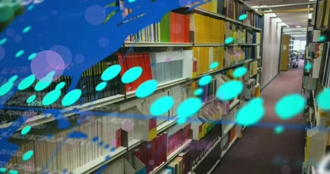 Animation of spots and data processing with world map over books on shelves in Stock Footage 325962076