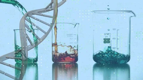 Animation of spots and dna strand over beakers 動画素材 330771229