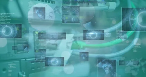 Animation of spots of light and data processing against close up of computer Stock Footage 329498852