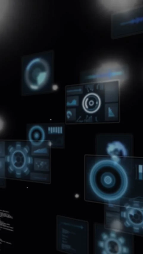 Animation of spots of light floating over round scanners and data processing on Stock Footage 344722822